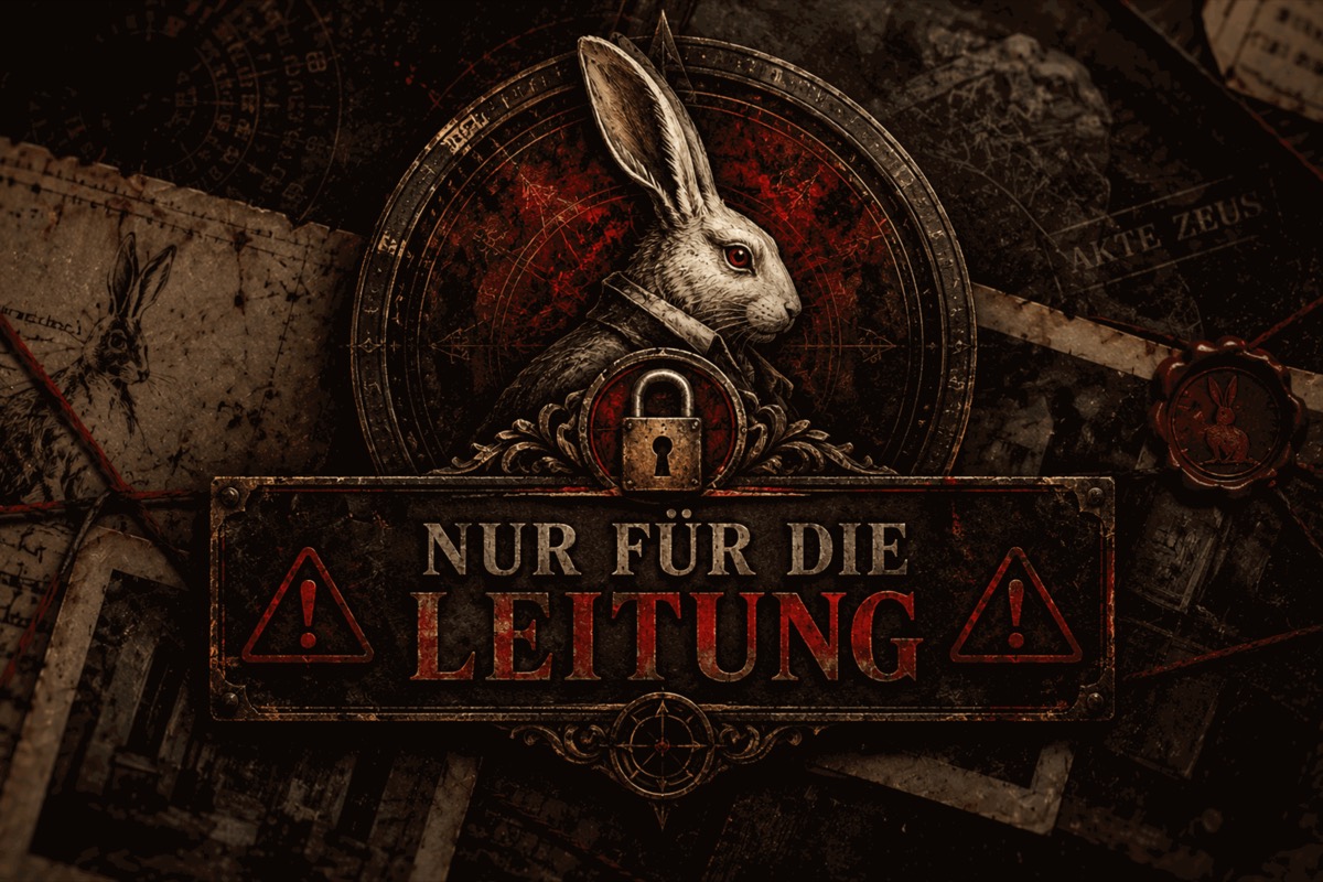 Ein weißer Hase im Mantel über einem Vorhängeschloss, darunter auf einem Schild: Nur für die Leitung